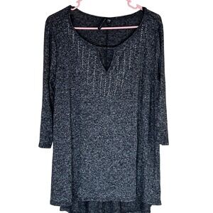 Obsession Tunic Top Womens 1X Gray Rhinestone Marled Knit 3/4 Sleeve High Low AE